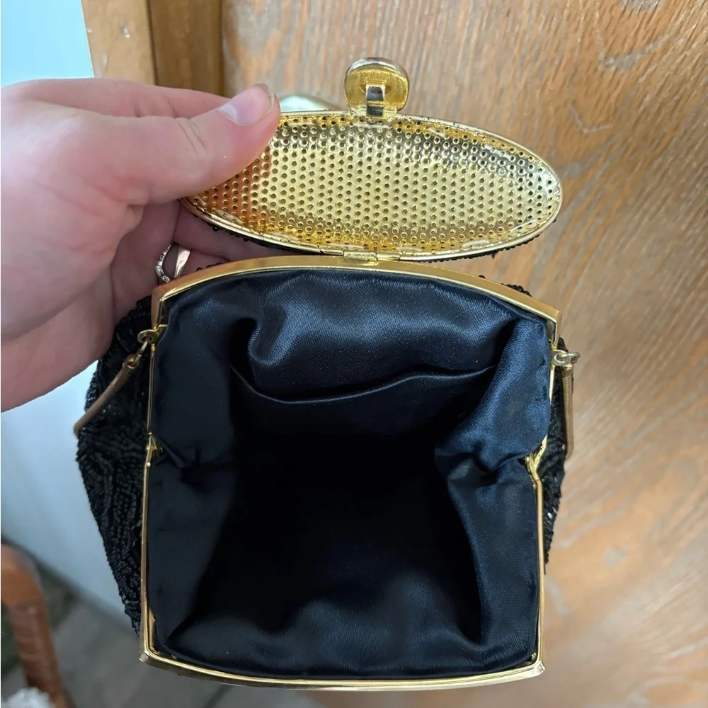 Black Beaded Vintage Evening Clutch with Gold Accents